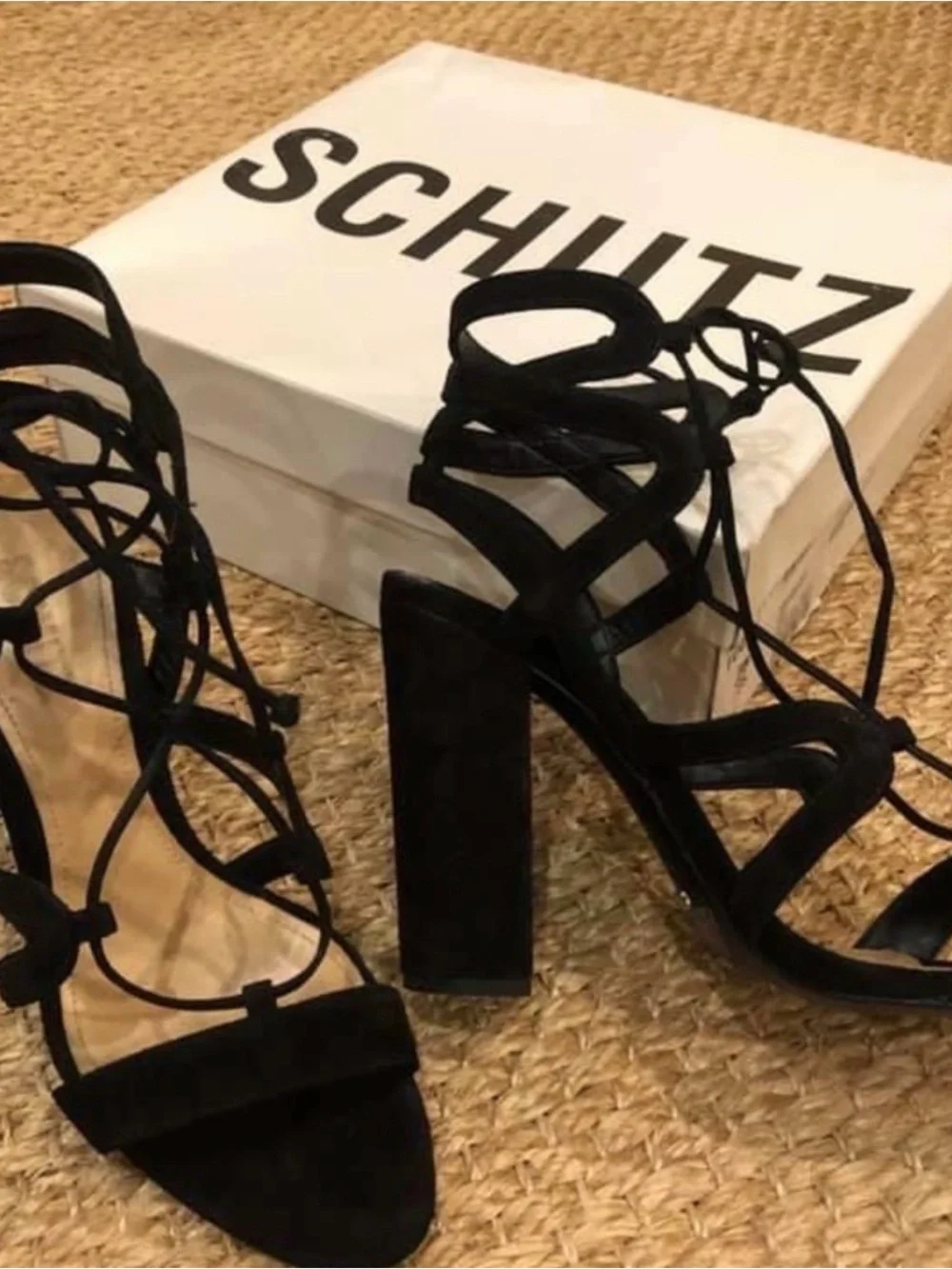 SCHUTZ Black Suede Lace-Up Block Heel Sandals